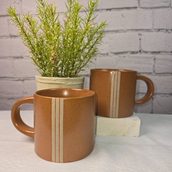 HEARTH AND HAND BY MAGNOLIA TRIPLE STRIPE STONEWARE MUG SET BROWN AND CREAM Euc - Picture 1 of 8